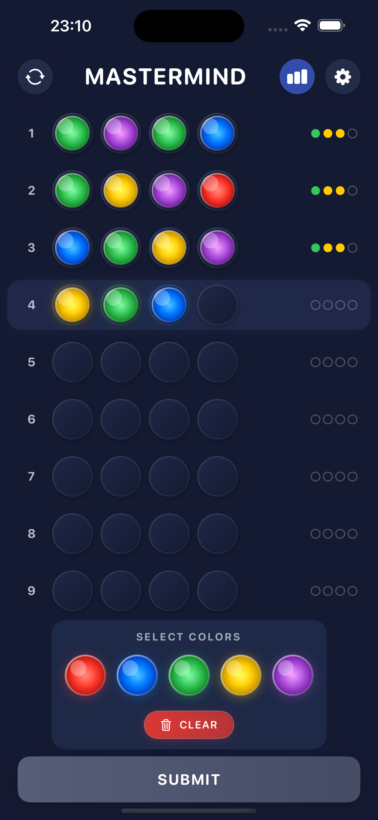 Mastermind Circle Codebreak game showing colorful puzzle interface with hint feedback system